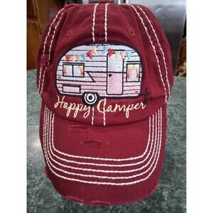 Kbethos Adult One Size Red Happy Camper Distressed Strap Back Cap Ballcap Lid